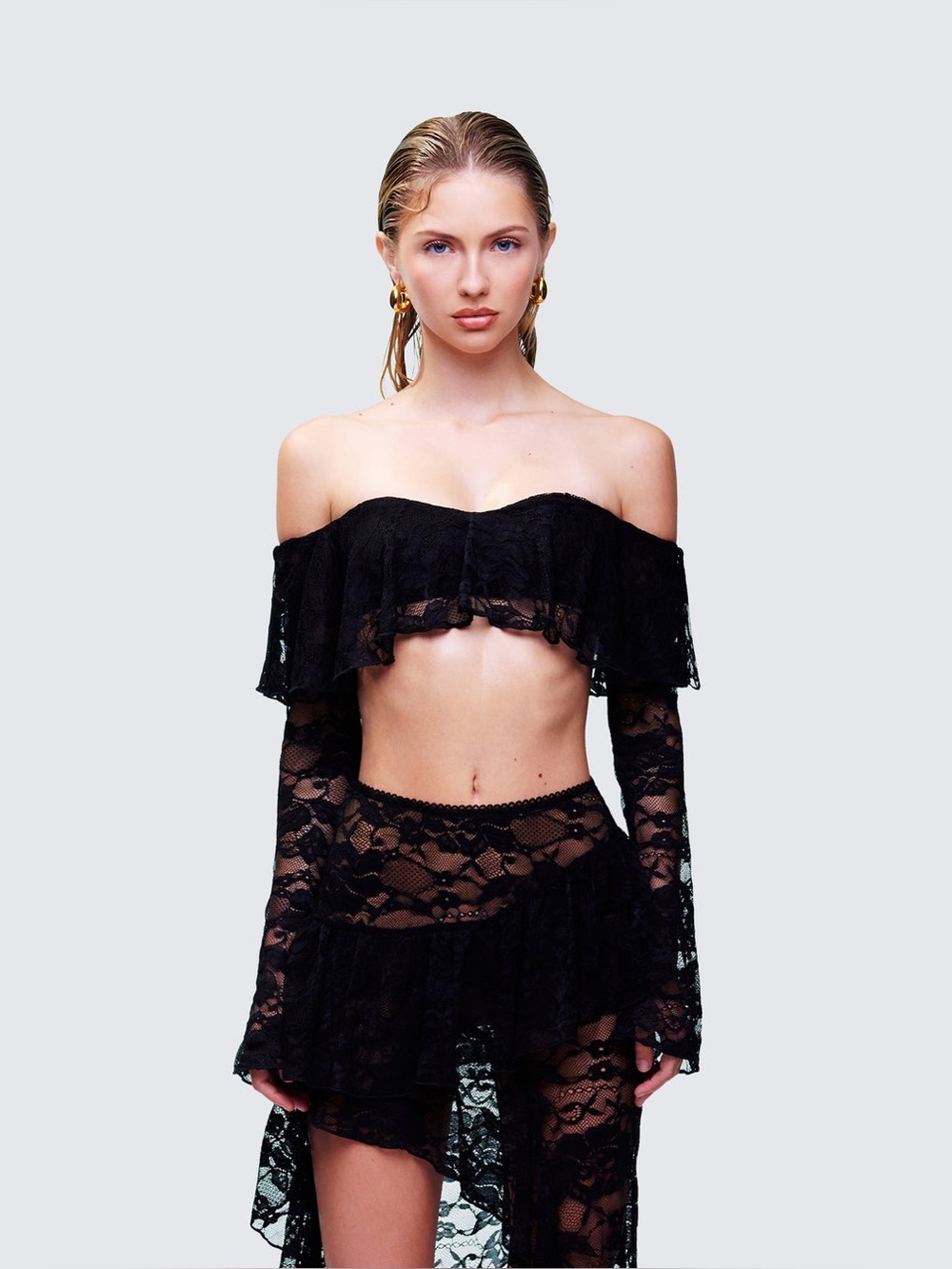 Finesse Rina Black Lace Ruffle Bandeau Top L LL3-47